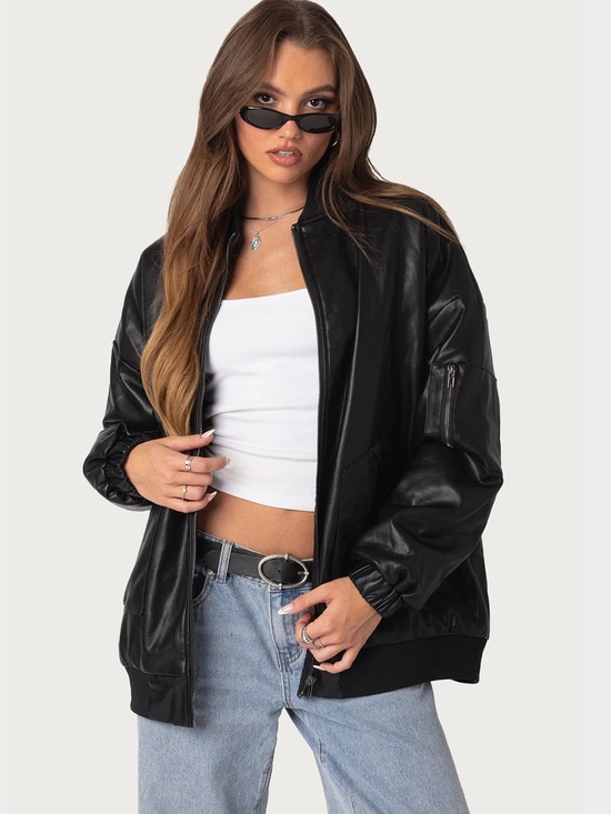 Edikted Jackets & Blazers - Edikted Black Oversized Leather-Look Bomber Jacket